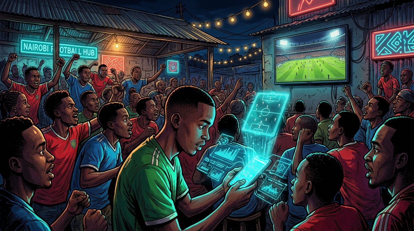 Illustration of football fans watching a floodlit match at a Nairobi viewing spot at night, one fan in a green jersey checking match data on his glowing phone